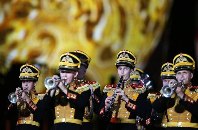 MOSCOW, RUSSIA - AUGUST 27, 2016: Members of the Central Military Band of the Ministry of Defense of Russia perform at the opening of the 9th Spasskaya Tower international military music festival in Moscow s Red Square. Artyom Geodakyan TASS  TS02EF65