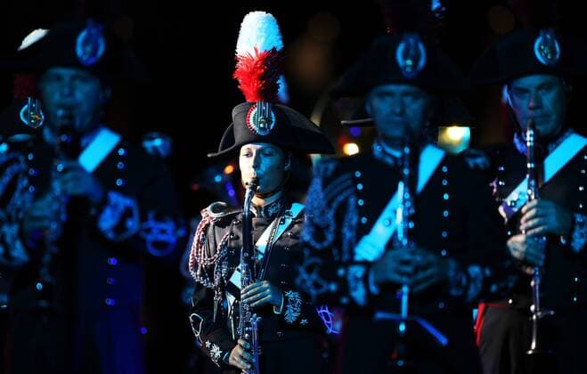 MOSCOW, RUSSIA - AUGUST 27, 2016: Members of the Carabinieri band of Italy perform at the opening of the 9th Spasskaya Tower international military music festival in Moscow s Red Square. Artyom Geodakyan TASS  TS02EF67