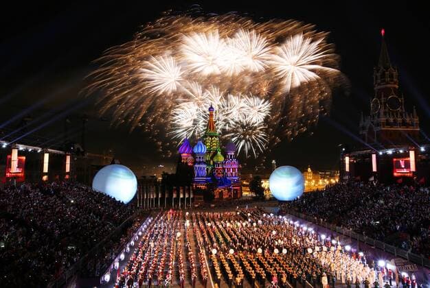 MOSCOW, RUSSIA - AUGUST 27, 2016: Fireworks at the opening of the 9th Spasskaya Tower international military music festival in Moscow s Red Square. Marina Lystseva TASS  TS02EF69