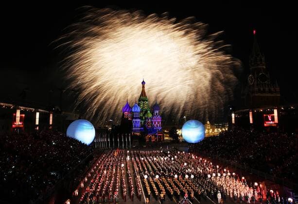 MOSCOW, RUSSIA - AUGUST 27, 2016: Fireworks at the opening of the 9th Spasskaya Tower international military music festival in Moscow s Red Square. Marina Lystseva TASS  TS02EF6B