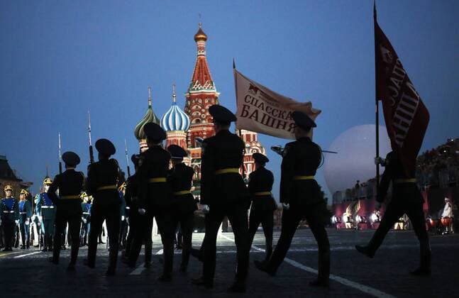 MOSCOW, RUSSIA - AUGUST 27, 2016: Participants in the 9th Spasskaya Tower international military music festival perform at the festival s opening in Moscow s Red Square. Artyom Geodakyan TASS  TS02EF6D