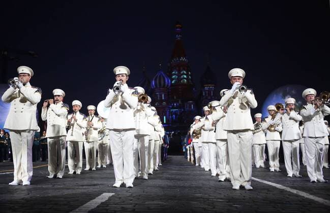 MOSCOW, RUSSIA - AUGUST 27, 2016: Members of the Presidentâ€™s Band of Russia perform at the opening of the 9th Spasskaya Tower international military music festival in Moscow s Red Square. Artyom Geodakyan TASS  TS02EF70