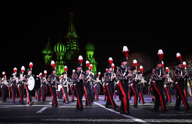 MOSCOW, RUSSIA - AUGUST 27, 2016: Members of the Carabinieri band of Italy perform at the opening of the 9th Spasskaya Tower international military music festival in Moscow s Red Square. Artyom Geodakyan TASS  TS02EF71