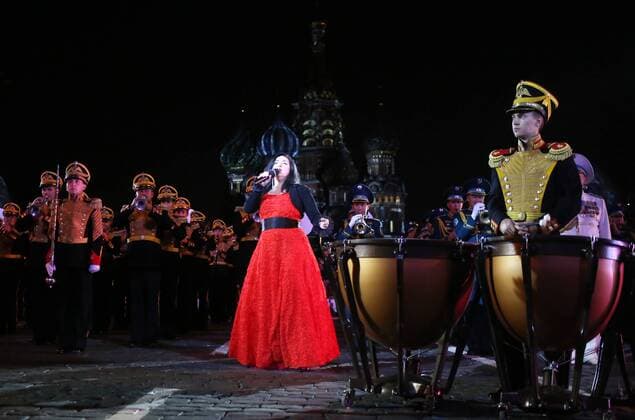MOSCOW, RUSSIA - AUGUST 27, 2016: Georgian singer Tamara Gverdtsiteli performs at the opening of the 9th Spasskaya Tower international military music festival in Moscow s Red Square. Artyom Geodakyan TASS  TS02EF72