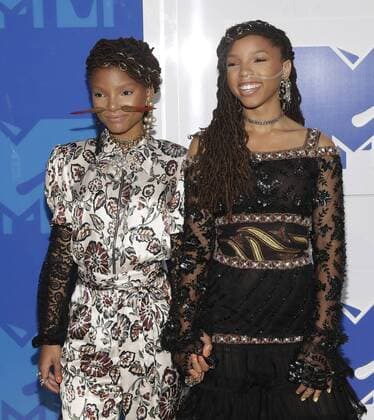 MTV Video Music Awards in New York Sisters Chloe and Halle Bailey of Chloe x Halle arrive on the red carpet at the 2016 MTV Video Music Awards at Madison Square Garden in New York City on August 28, 2016. Performers at the 2016 MTV VMA s include Rihanna, Britney Spears, Ariana Grande and Nicki Minaj.  NYP20160828120 JOHNxANGELILLO