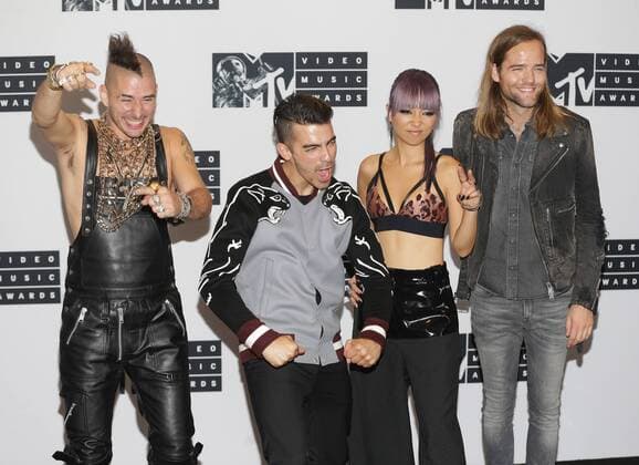 MTV Video Music Awards in New York Joe Jonas, Jack Lawless, Cole Whittle and JinJoo Lee of DNCE arrive in the press room at the 2016 MTV Video Music Awards at Madison Square Garden in New York City on August 28, 2016. Performers at the 2016 MTV VMA s include Rihanna, Britney Spears, Ariana Grande and Nicki Minaj.  NYP20160828526 JOHNxANGELILLO