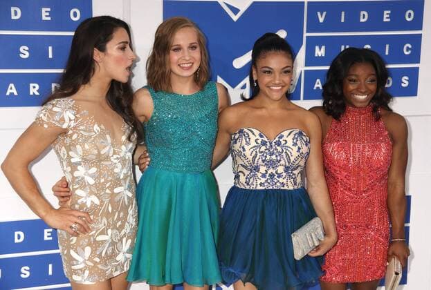 August 28, 2016 - New York, New York, U.S. - Olympic gymnasts ALY RAISMAN, MADISON KOCIAN, LAURIE HERNANDEZ and SIMONE BILES attend the arrivals at the 2016 MTV Video Music Awards held at Madison Square Garden. New York U.S. - ZUMAk03_