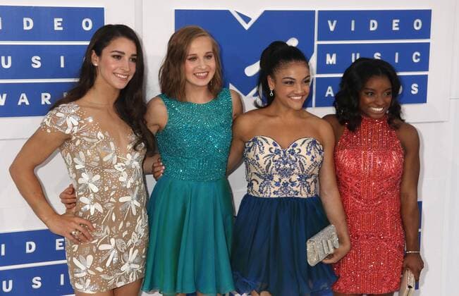 August 28, 2016 - New York, New York, U.S. - Olympic gymnasts ALY RAISMAN, MADISON KOCIAN, LAURIE HERNANDEZ and SIMONE BILES attend the arrivals at the 2016 MTV Video Music Awards held at Madison Square Garden. New York U.S. - ZUMAk03_