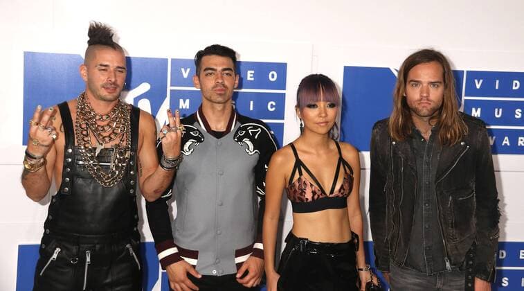 August 28, 2016 - New York, New York, U.S. - DNCE members COLE WHITTLE, JOE JONAS, JINJOO LEE and JACK LAWLESS attend the arrivals at the 2016 MTV Video Music Awards held at Madison Square Garden. New York U.S. - ZUMAk03_