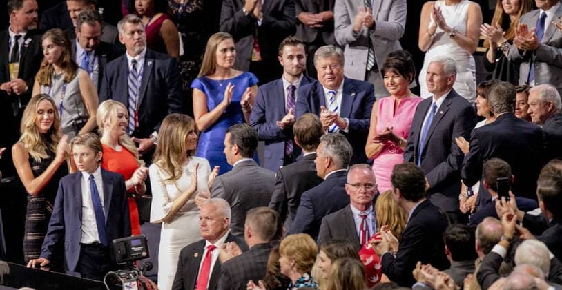 July 21, 2016 - Cleveland, Ohio, U.S - Members of the Trump family at the Republican National Convention. Front row.L-R, Lara Yunaska ( wife of Eric Trump) Tiffany Trump (daughter of Marla Maples, Donald Trump s second wife) Melania Trump with back turned is Donald Trump Jr. and Eric Trump In front is youngest Trump Barron age 10. In the second row L-R is Ross Mechanic (boyfriend of Tiffany) and to his left is Viktor and Amalija Knavs (Melania Trump s parents) and to their left is Governor Mike Pence and his wife Karen. Cleveland U.S. - ZUMAr142