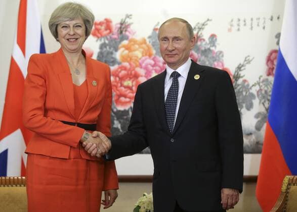 HANGZHOU, CHINA - SEPTEMBER 4, 2016: Russia s President Vladimir Putin (R) and British Prime Minister Theresa May pictured during a meeting. Mikhail Metzel TASS  TS02FC1F