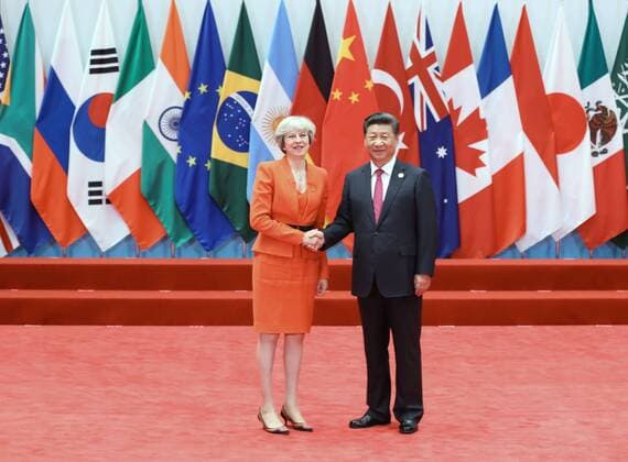 (160904) -- HANGZHOU, Sept. 4, 2016 -- Chinese President Xi Jinping welcomes British Prime Minister Theresa May before the Group of 20 (G20) summit in Hangzhou, capital of east China s Zhejiang Province, Sept. 4, 2016. )(mcg) (G20 SUMMIT)CHINA-HANGZHOU-G20-XI JINPING-WELCOME (CN) MaxZhancheng 