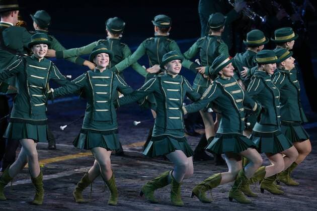 MOSCOW, RUSSIA - SEPTEMBER 4, 2016: The Slovenian show bank Lasko perform at the closing ceremony of the 9th Spasskaya Tower international military music festival, in Red Square. Artyom Geodakyan TASS  TS02FD48