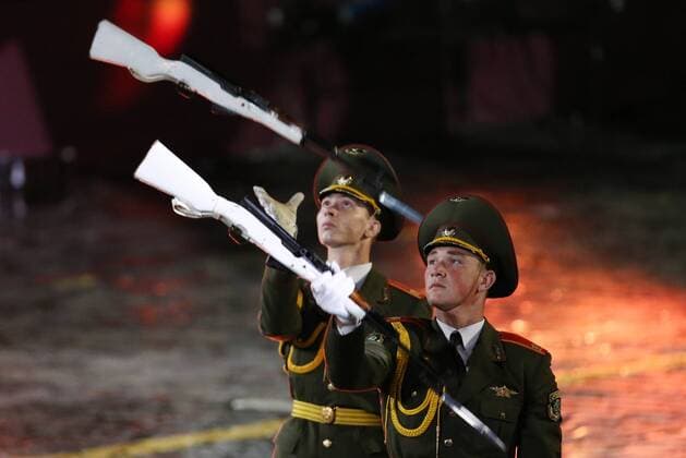 MOSCOW, RUSSIA - SEPTEMBER 4, 2016: An honour guard from Belarus perform at the closing ceremony of the 9th Spasskaya Tower international military music festival, in Red Square. Artyom Geodakyan TASS  TS02FD67