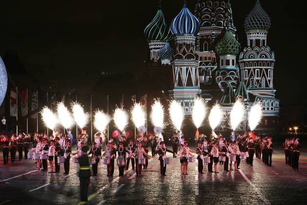 MOSCOW, RUSSIA - SEPTEMBER 4, 2016: The Band of the Moscow Military Music College perform at the closing ceremony of the 9th Spasskaya Tower international military music festival, in Red Square. Marina Lystseva TASS  TS02FD8B
