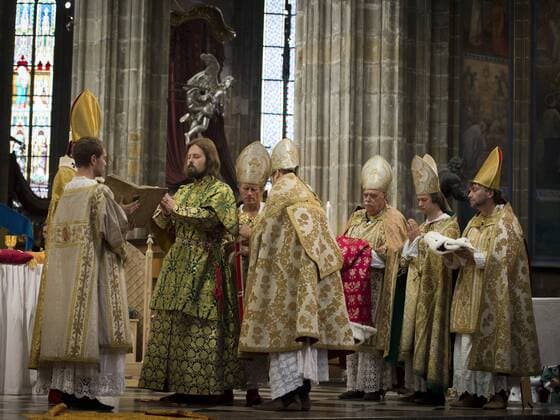 A re-enactment of the coronation of Charles IV (1316-1378) as king of Bohemia was staged in Prague s St Vitus Cathedral, Prague, Czech Republic, September 4, 2016 at the close of two-day festivity the City of Prague and Charles University jointly organised to mark the Holy Roman emperor s 700th birth anniversary. (CTKxPhoto KaterinaxSulova) CTKPhotoP201609040334901  suk9