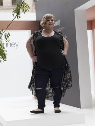 US: New York fashion week Ashley Nell Tipton show Model walks runway for women plus-size collection by Ashley Nell Tipton presented by JCPenney during New York fashion week ss 2017 at Greeley Square, New York.  LevxRadin