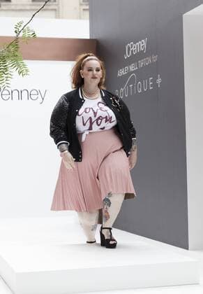 US: New York fashion week Ashley Nell Tipton show Model walks runway for women plus-size collection by Ashley Nell Tipton presented by JCPenney during New York fashion week ss 2017 at Greeley Square, New York.  LevxRadin