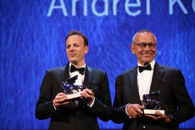 VENICE, Sept. 10, 2016 -- Director Andrei Konchalovsky (R) poses with the Silver Lion award for Best Director for his movie Paradise , and director Emat Esclante for his movie The Untamed , during the award ceremony at the 73rd Venice Film Festival, at the Lido of Venice, Italy, Sept. 10, 2016. The Woman Who Left by Philippine director Lav Diaz won the Golden Lion, the highest prize presented at the 73rd Venice International Film Festival which concluded here on Saturday evening. )(axy) ITALY-VENICE-73RD FILM FESTIVAL-AWARD JinxYu 