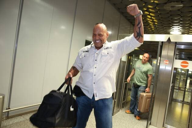 Flughafen Hannover, Rocker-Boss Frank Hanebuth (51) kommt nach Hause. Der Präsident des aufgelösten Hells-Angels-Charters Hannover durfte heute seit seiner Verhaftung im Juli 2013 auf Mallorca zum ersten Mal Spanien verlassen.