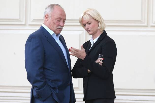 MOSCOW, RUSSIA - SEPTEMBER 13, 2016: CSKA s deputy head, Olympic gymnastics champion Svetlana Khorkina (R) with husband Oleg Kochnov outside Moscow s Bolshoi Theatre where a production of Giuseppe Verdi s opera Simon Boccanegra is to be presented by the Teatro alla Scala (Milan s grand opera house) as part of the 2016 Chereshnevy Les Open Art Festival. Artyom Korotayev TASS  TS031134