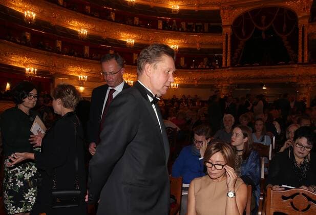 MOSCOW, RUSSIA - SEPTEMBER 13, 2016: Chairman of the board of directors at Gazprom, Alexei Miller (front) at Moscow s Bolshoi Theatre where a production of Giuseppe Verdi s opera Simon Boccanegra is to be presented by the Teatro alla Scala (Milan s grand opera house) as part of the 2016 Chereshnevy Les Open Art Festival. Back (from left): Tretyakov Gallery director Zelfira Tregulova and director of the Moscow Kremlin Museums, Yuri Gagarin s daughter Yelena Gagarina. Artyom Korotayev TASS  TS031143