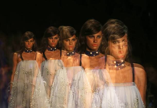 (160914) -- NEW YORK, Sept. 14, 2016 -- The multiple exposure photo shows a model displays a creation of Bibhu Mohapatra 2017 Spring Summer collection during the New York Fashion Week in New York, the United States, on Sept. 14, 2016. ) U.S.-NEW YORK-FASHION-BIBHU MOHAPATRA QinxLang 