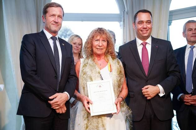 Preisverleihung Merites Wallons in Namur Walloon Minister President Paul Magnette, Founder and director of Collectif des femmes , Christiane De Wan and Walloon Minister of Public Works, Road Safety, Health, Social Affairs, Family Allowances, Equal Chances, Economic Activities and Heritage Maxime Prevot pictured during the award ceremony for the sixth edition of the Merites Wallons by the Walloon Government at the Elysette, in Jambes, Namur, Thursday 15 September 2016. BRUNOxFAHY 04932341