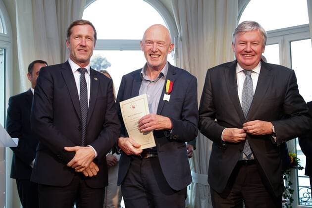 Preisverleihung Merites Wallons in Namur Walloon Minister President Paul Magnette, Jazz reference Steve Houben and Walloon Minister of Economy, Industry, Innovation and IT Jean-Claude Marcourt pictured during the award ceremony for the sixth edition of the Merites Wallons by the Walloon Government at the Elysette, in Jambes, Namur, Thursday 15 September 2016.  BRUNOxFAHY 04932358