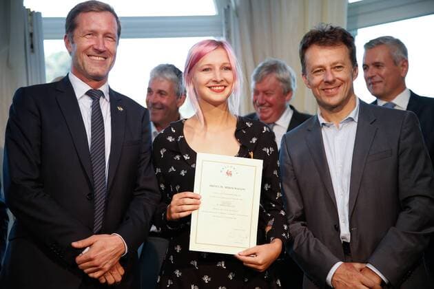 Preisverleihung Merites Wallons in Namur Walloon Minister President Paul Magnette, Singer Alice on the Roof aka Alice Dutoit and Walloon Minister of Environment, Animal Welfare, Spatial Planning, Airports and Mobility Carlo Di Antonio pictured during the award ceremony for the sixth edition of the Merites Wallons by the Walloon Government at the Elysette, in Jambes, Namur, Thursday 15 September 2016.  BRUNOxFAHY 04932395