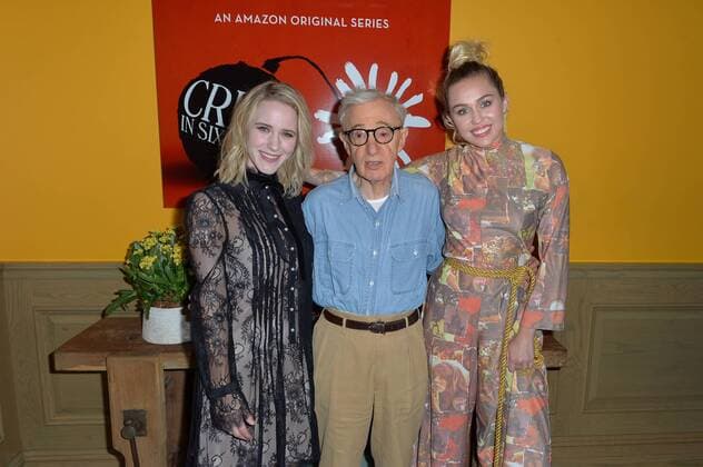 Rachel Brosnahan, Woody Allen and Miley Cyrus pose together at The Crisis in Six Scenes premiere at The Crosby Street Hotel in New York City on September 15, 2016.  NYP201609150703 ANDREAxHANKS