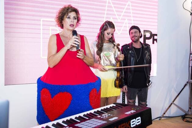 Spanish designer Agatha Ruiz de la Prada present a new hit of violinist Elena Mikhailova and Dj Madison at MBFWM16 in Madrid. September 16, Spain. 2016.  (20160916011)