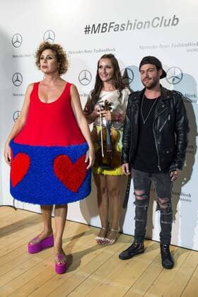 Spanish designer Agatha Ruiz de la Prada, violinist Elena Mikhailova and Dj Madison pose to the media at MBFWM16 in Madrid. September 16, Spain. 2016.  (20160916012)