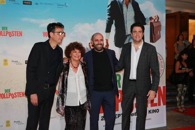 Berlin: Cinema Premiere Der Vollposten Cinema Premiere Der Vollposten in the Delphi Filmpalast in Berlin Kantstrasse. Release date is September 22, 2016. The photo shows the actor Bastian Pastewka and Schauspieler Checco Zalone and Schauspielerijn Ludovica Modugno and Regisseur Gennaro Nunziante  SimonexKuhlmey