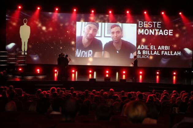 Winner for best Montage, Adil El Arbi and Billal Fallah for Black seen on a screen at the award ceremony of the Ensors Flemish film prizes on the closing day of the tenth edition of the Oostende Film festival, Friday 16 September 2016.  NICOLASxMAETERLINCK 04933578