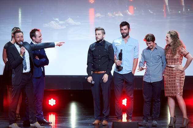 Cast of Helden aan de zee pictured during the award ceremony of the Ensors Flemish film prizes on the closing day of the tenth edition of the Oostende Film festival, Friday 16 September 2016.  NICOLASxMAETERLINCK 04933602