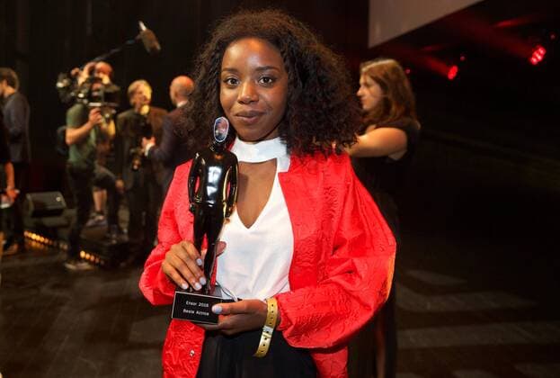 Martha Canga Antonio pictured during the award ceremony of the Ensors Flemish film prizes on the closing day of the tenth edition of the Oostende Film festival, Friday 16 September 2016.  NICOLASxMAETERLINCK 04933619