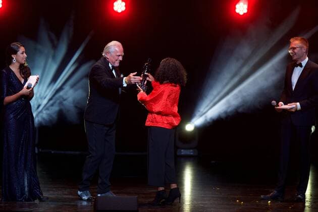 actor Gene Bervoets (2L) and Martha Canga Antonio (2R) pictured during the award ceremony of the Ensors Flemish film prizes on the closing day of the tenth edition of the Oostende Film festival, Friday 16 September 2016.  NICOLASxMAETERLINCK 04933769