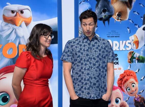 Cast members Katie Crown (L) and Andy Samberg, the voices of Tulip and Junior respectively, in the animated motion picture comedy Storks attend the premiere of the film at the Regency Village Theater in the Westwood section of Los Angeles on September 17, 2016. Storyline: Storks deliver babies...or at least they used to. Now they deliver packages for global internet giant Cornerstore.com. Junior, the company s top delivery stork, is about to be promoted when he accidentally activates the Baby Making Machine, producing an adorable and wholly unauthorized baby girl.  LAP2016091737 JIMxRUYMEN