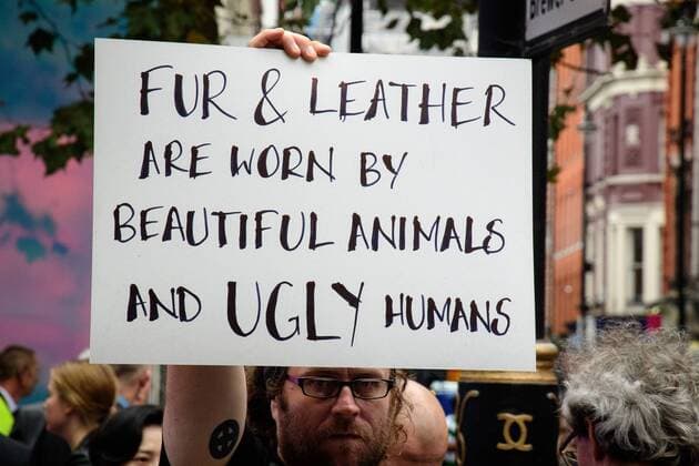 UK: LFW targeted by Animal Cruelty Protestors Animal cruelty protesters hold signs as they target London Fashion Week s runway show audiences causing the Metropolitan Police Service to close roads surrounding the event in London FOR EDITORIAL USE ONLY.Pacific Press Agency  HughxPeterswald