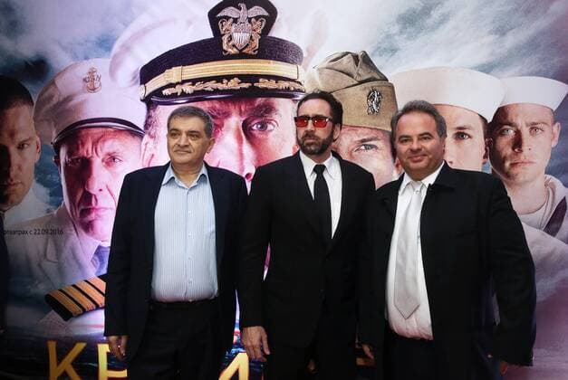 MOSCOW, RUSSIA - SEPTEMBER 20, 2016: Paradise Group head Armen Manasaryan, American actor Nicolas Cage, and producer Richard Rionda Del Castro (L-R) at the Russian premiere of a new action film, USS Indianapolis: Men of Courage, directed by Mario Van Peebles, at the 5 Zvyozd Na Paveletskoi Cinema Hall. Vyacheslav Prokofyev TASS  TS031D03