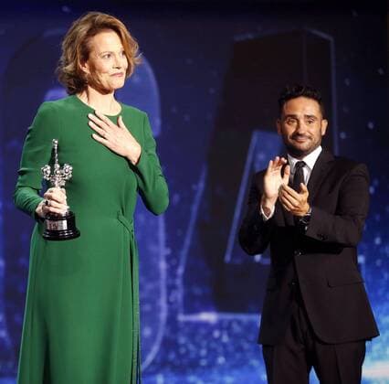 US actress Sigourney Weaver (L) receives the Donostia Award of the 64th International Cinema Festival of San Sebastian by Spanish producer Juan Antonio Bayona during a gala celebrated at the Kursaal in San Sebastian, Basque Country, Spain, 21 September 2016. EFE Juan Herrero INTERNATIONAL CINEMA FESTIVAL OF SAN SEBASTIAN !ACHTUNG: NUR REDAKTIONELLE NUTZUNG!  SSB001 20160921-636100962509095717