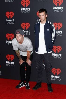 Musical duo Twenty One Pilots arrives for the iHeartRadio Music Festival at the T-Mobile Arena in Las Vegas, Nevada on September 23, 2016.  LVP2016092369 JAMESxATOA