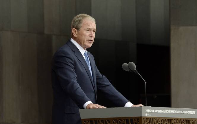 Former U.S President George W. Bush speaks at the opening ceremony of the Smithsonian National Museum of African American History and Culture on September 24, 2016 in Washington, DC. The museum is opening thirteen years after Congress and President George W. Bush authorized its construction. Pool  WAX20160924110 OlivierxDouliery