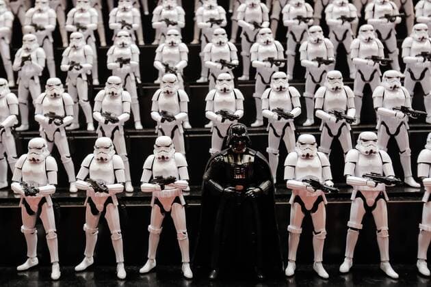 Stormtroopers and Darth Vader action figures on display at the 56th All Japan Model & Hobby Show in Tokyo Big Sight on September 25, 2016. The exhibition introduced hobby goods such as plastic models, action figures, drones, and airsoft guns.  (gxta_alljpnmodelhobbyshow002)