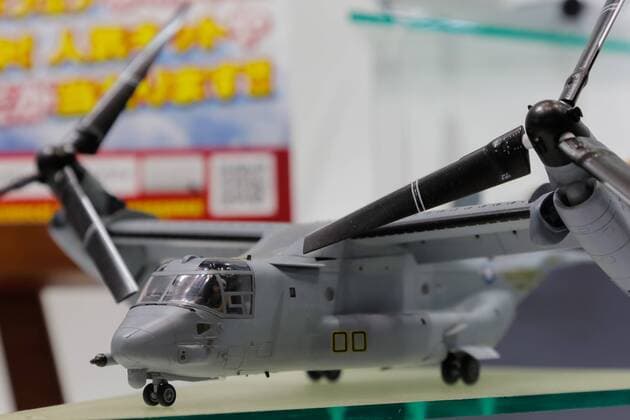 A replica of an Osprey gunship battle on display at the 56th All Japan Model & Hobby Show in Tokyo Big Sight on September 25, 2016. The exhibition introduced hobby goods such as plastic models, action figures, drones, and airsoft guns.  (gxta_alljpnmodelhobbyshow015)