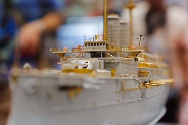 A replica of the Japanese battleship Mikasa on display at the 56th All Japan Model & Hobby Show in Tokyo Big Sight on September 25, 2016. The exhibition introduced hobby goods such as plastic models, action figures, drones, and airsoft guns.  (gxta_alljpnmodelhobbyshow018)