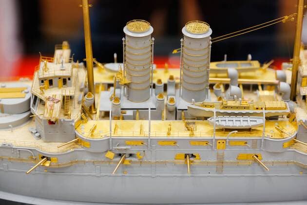 A replica of the Japanese battleship Mikasa on display at the 56th All Japan Model & Hobby Show in Tokyo Big Sight on September 25, 2016. The exhibition introduced hobby goods such as plastic models, action figures, drones, and airsoft guns.  (gxta_alljpnmodelhobbyshow020)