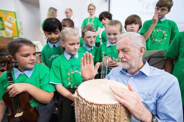 September 27, 2016 - Liverpool, Merseyside, UK - Liverpool , UK . Labour Party leader JEREMY CORBYN visits Faith Primary School in Liverpool , where he listens to and then joins in with the school orchestra Liverpool UK  - ZUMAl94_