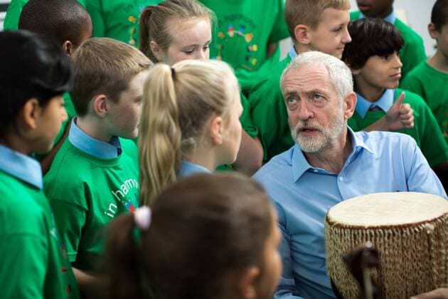 September 27, 2016 - Liverpool, Merseyside, UK - Liverpool , UK . Labour Party leader JEREMY CORBYN with a bongo drum during a visit to Faith Primary School in Liverpool , where he listens to and then joins in with the school orchestra Liverpool UK  - ZUMAl94_